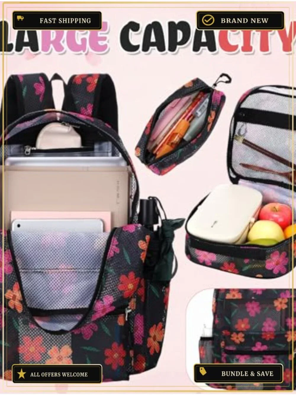 Mesh Backpack Set with Lunch Bag Pencil Case, 3 Piece, Polyester, Travel Beach